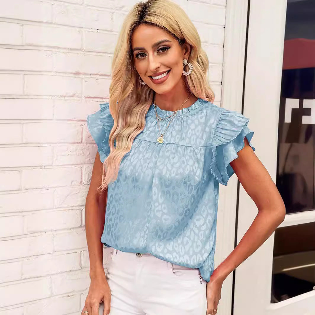 Women's Blouse with Fashionable Ruffle Details and Elegant Leopard Print WW