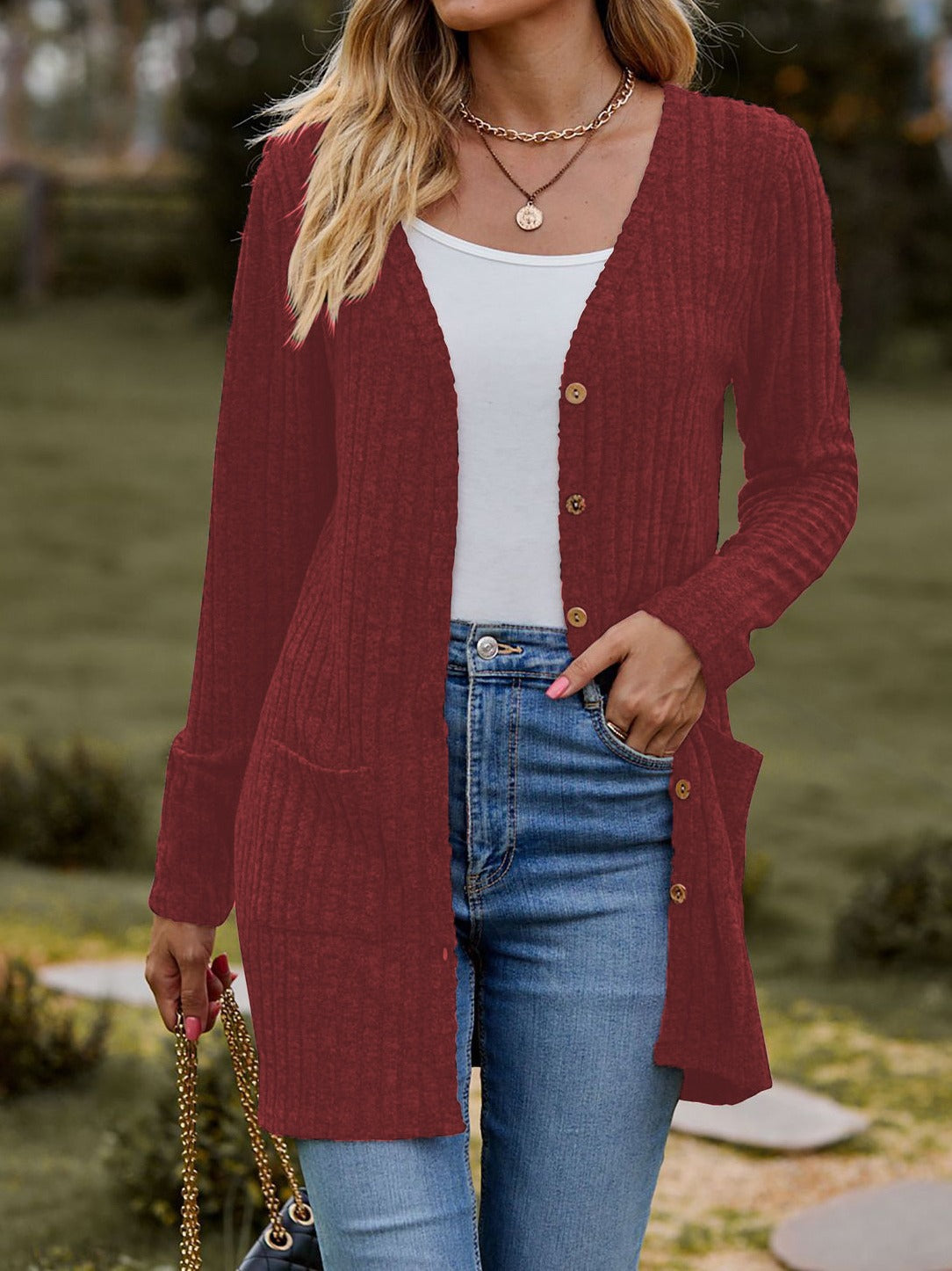 Damen Strickjacke mit elegantem Rippenmuster und praktischen Taschen WW