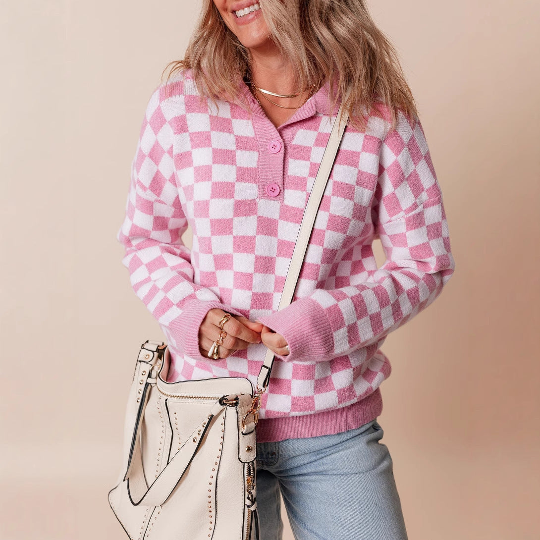 Damen gemütlicher Sweatpullover mit Karomuster und Knopfdetail WW