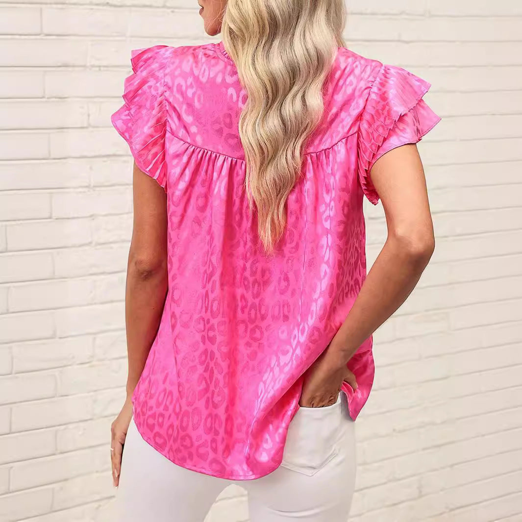 Women's Blouse with Fashionable Ruffle Details and Elegant Leopard Print WW
