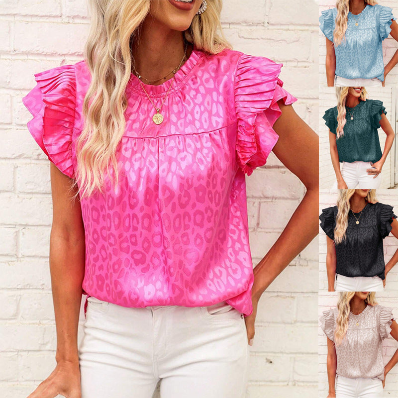 Women's Blouse with Fashionable Ruffle Details and Elegant Leopard Print WW