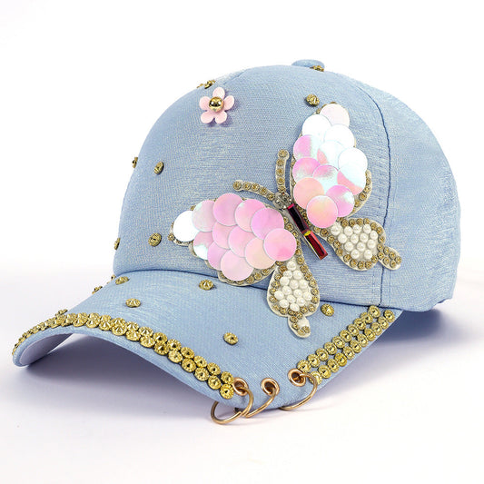 Damen modische Baseballmütze mit buntem Schmetterlingsmotiv und funkelnden Strassverzierungen WW