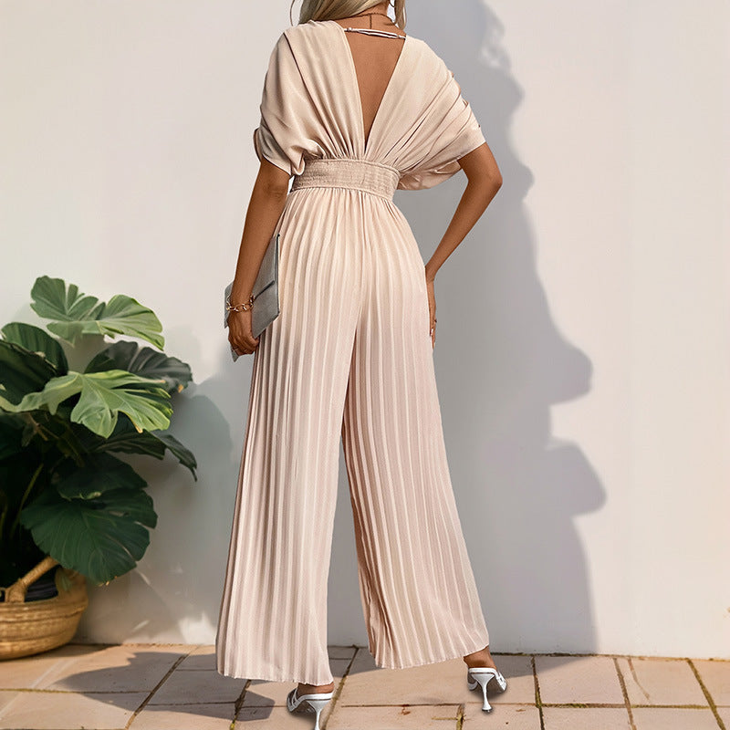 Women's Elegant Jumpsuit with Deep V-Neck and Voluminous Sleeves WW