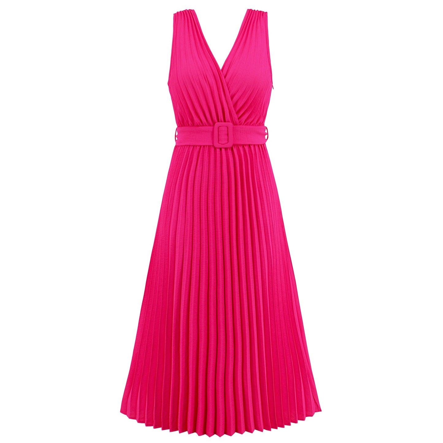 Damen Plissee Maxikleid mit taillierbarem Gürtel und elegantem V-Ausschnitt WW