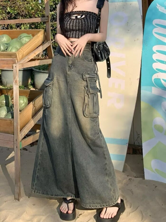 Women's Long Denim Skirt with High Waist and Practical Pockets WW