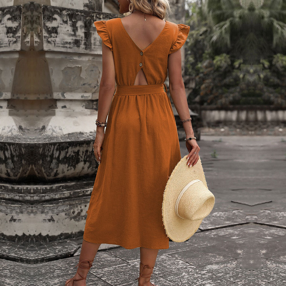 Damen Midi-Kleid mit Rüschendetails und tailliertem Bindegürtel W&W