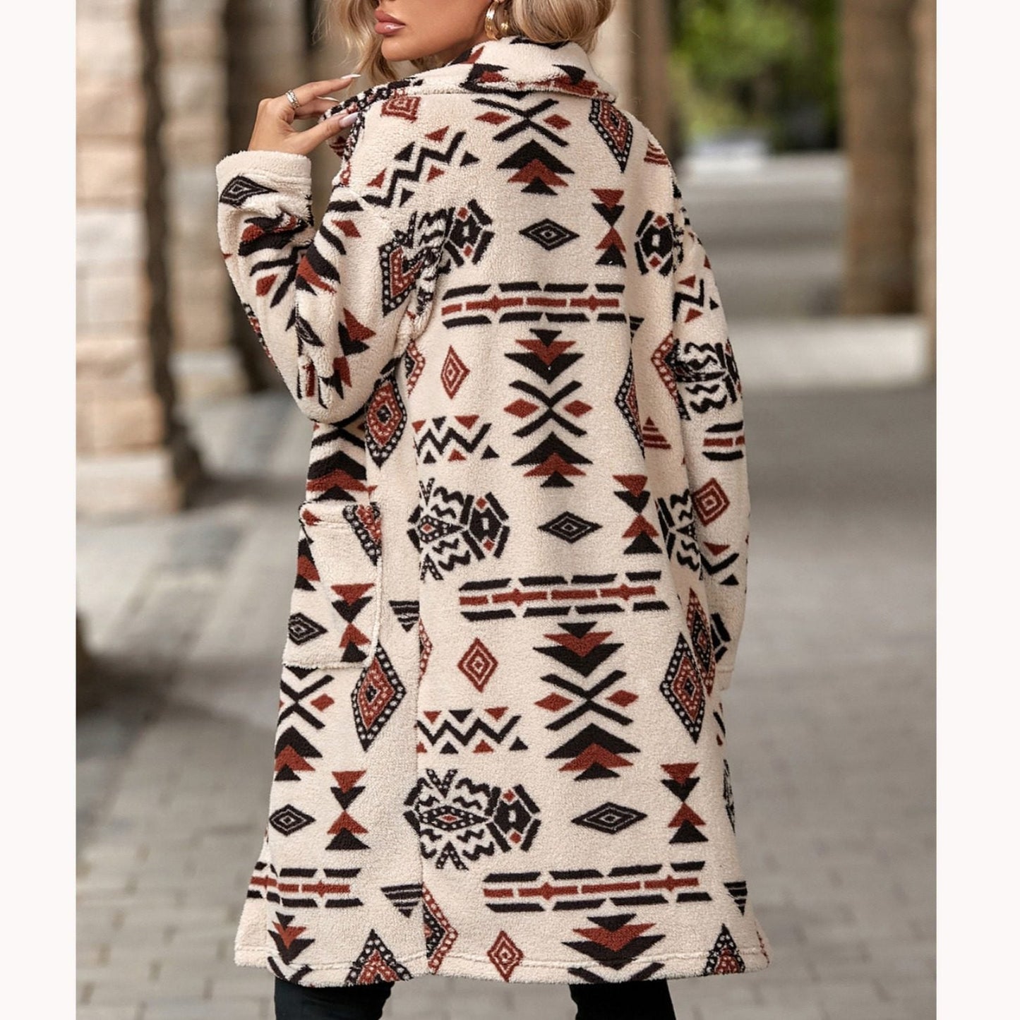 WW | inspirierter langer Mantel - Blickfang Tribal-Print - Weiche Stoffmischung - Herbst- und Winter-Statement-Stück