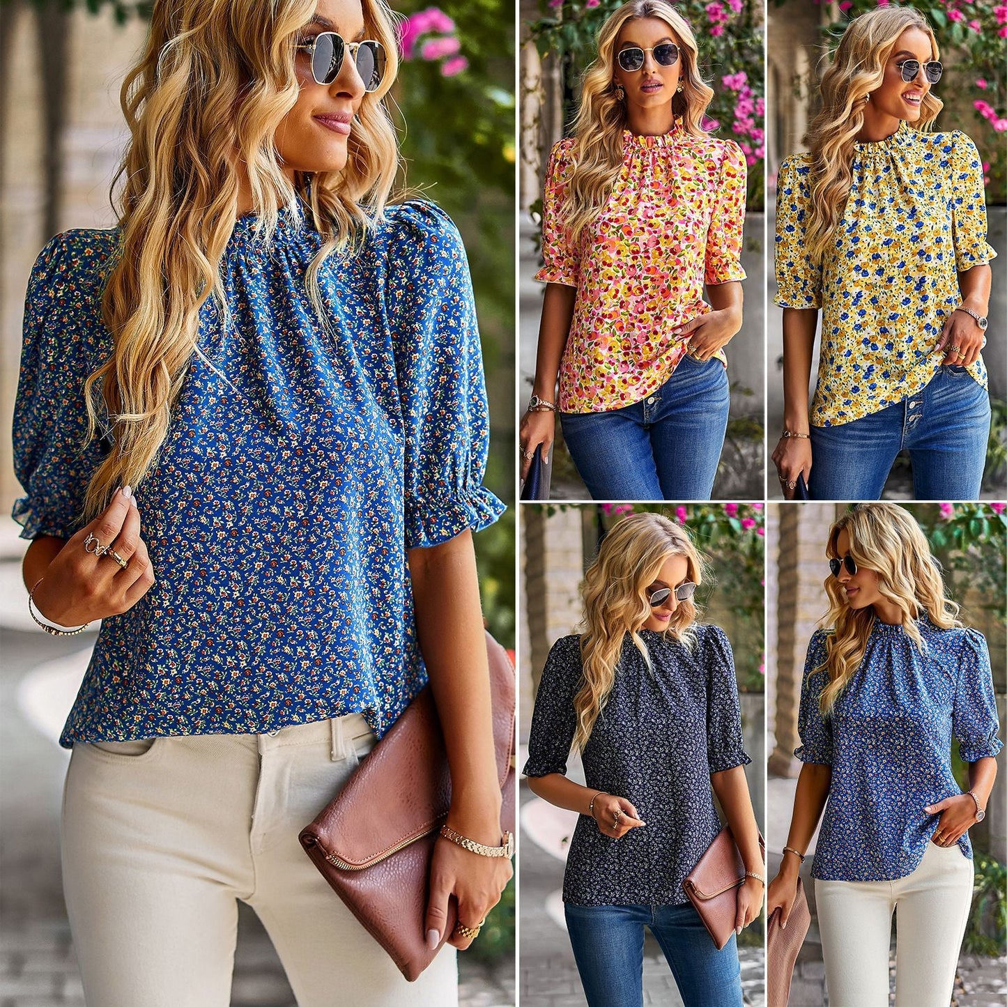 Women's blouse with playful floral design and puff sleeves WW