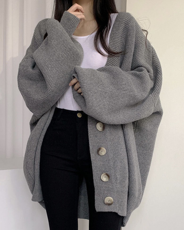 WW V-Ausschnitt einreihig lockerer Laternenärmel Strickcardigan