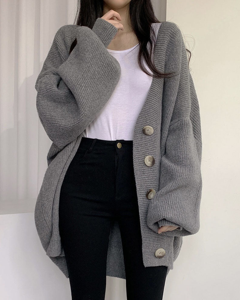 WW V-Ausschnitt einreihig lockerer Laternenärmel Strickcardigan