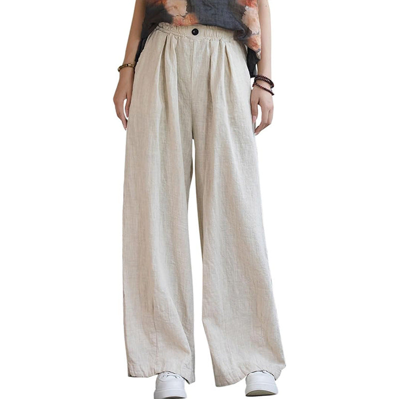 Damen weite Leinenhose mit elastischem Bund und femininen Falten WW