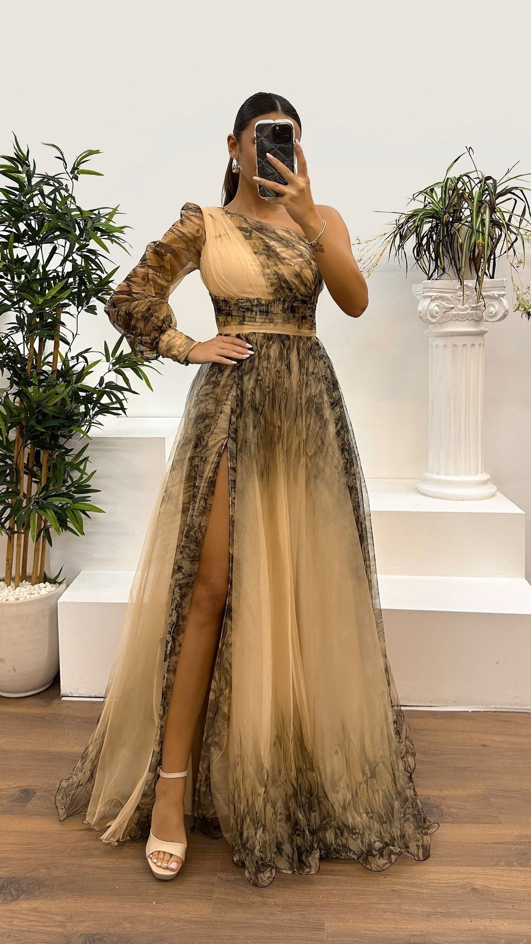 WW | Frühling Herbst Schräg Schulter Mesh Blumenmuster Kleid Lässig Locker Festlich Kleid