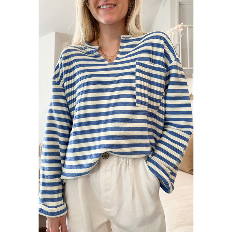 Damen gestreiftes Sweatshirt mit V-Ausschnitt und Brusttasche WW