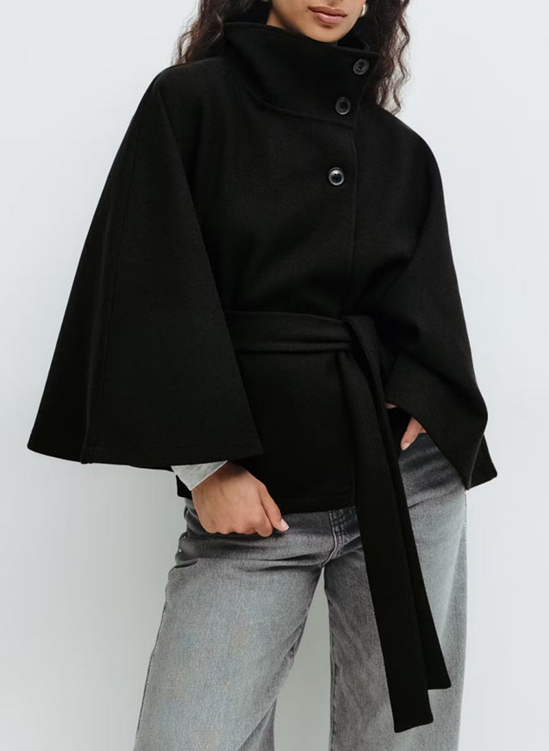 Damen Eleganter und bequemer Kapuzenmantel mit Gürtel und weiten Ärmeln WW