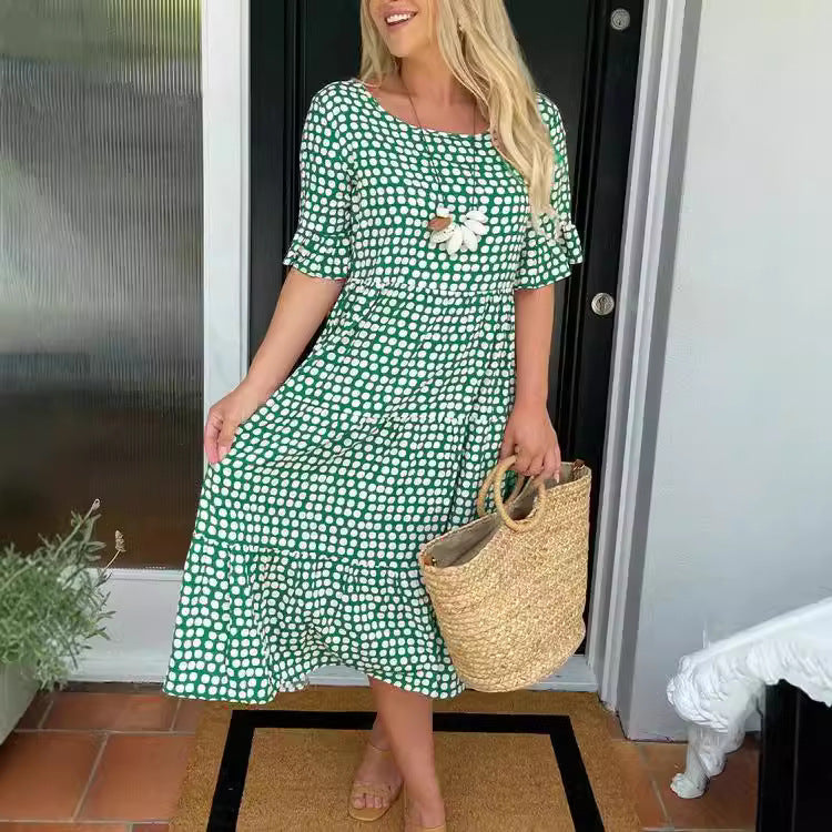 WW | Sommer Rundhals Bedrucktes Kurzarmkleid