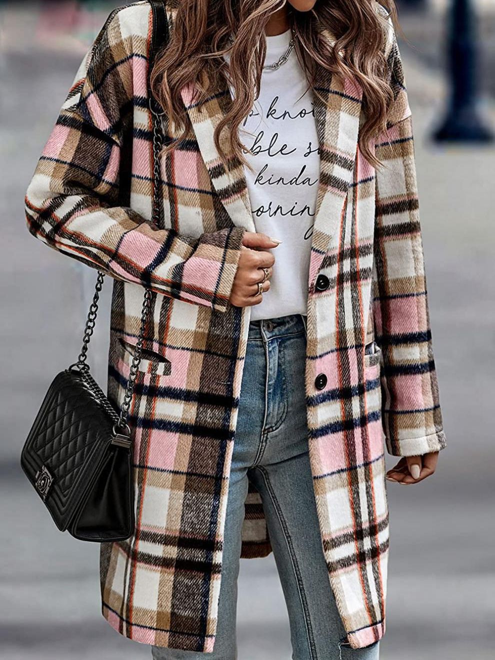 Women's Plaid Long Jacket with Hood and Pockets WW