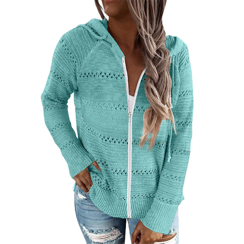 Women's Casual Knitted Cardigan with Hood and Decorative Openwork Pattern WW