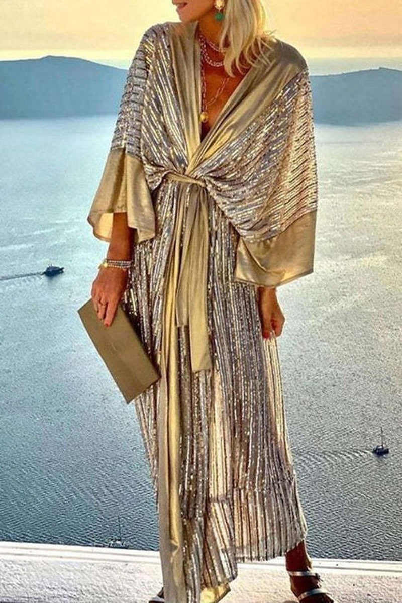WW | Locker Sitzender V-Ausschnitt Schimmernder Maxi Kleid