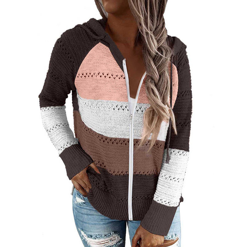 Women's Casual Knitted Cardigan with Hood and Decorative Openwork Pattern WW