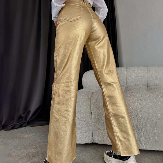 Women's trousers with a metallic look and wide leg WW