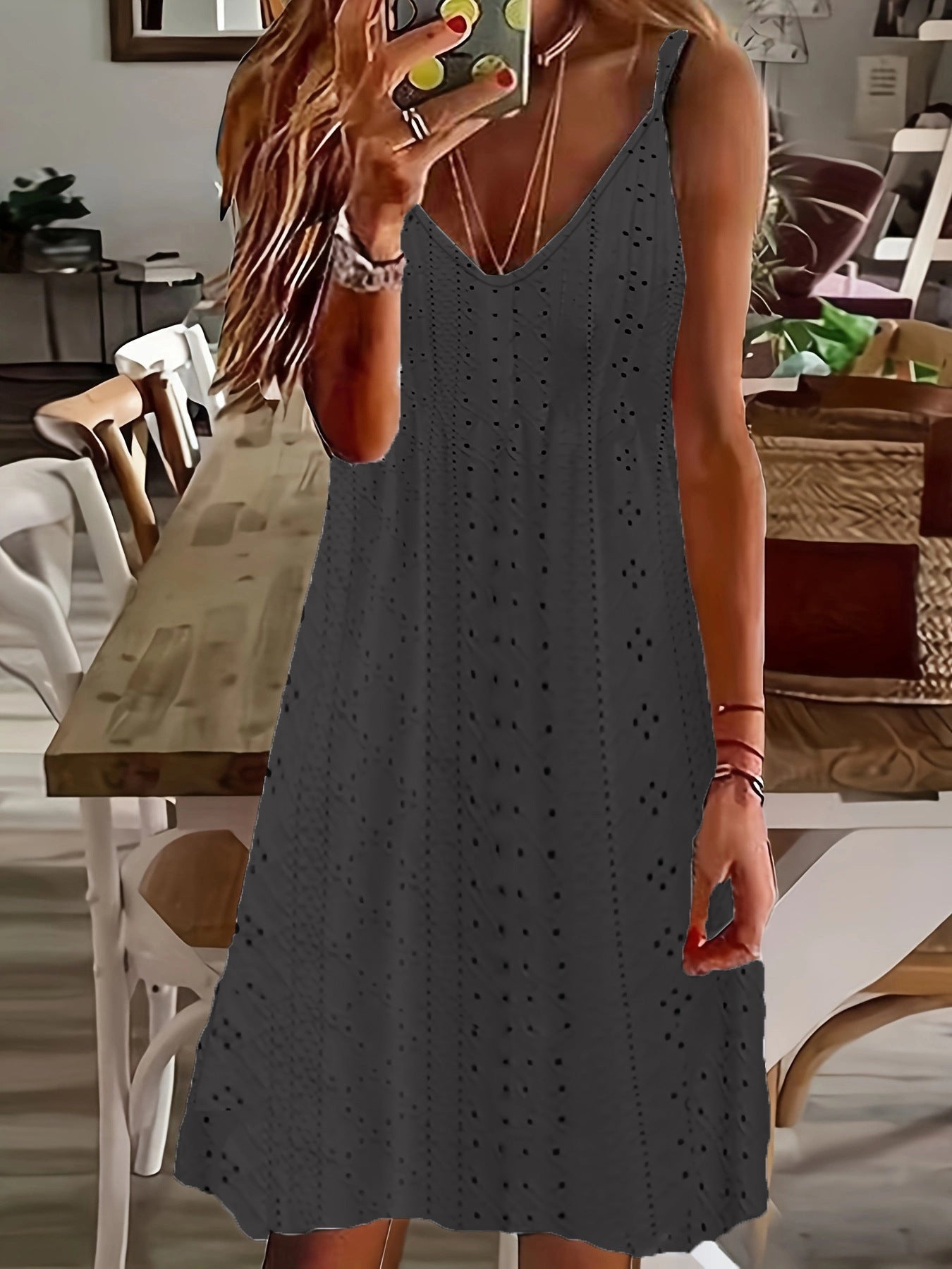 Damen luftiges V-Ausschnitt Kleid im lässigen Stil WW