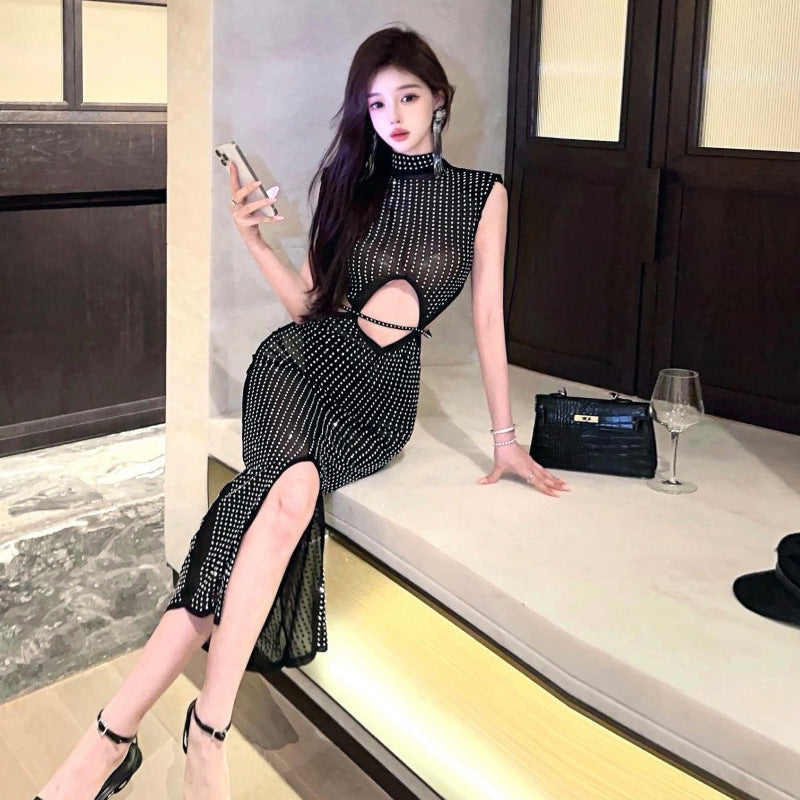 WWMODE | Sexy Mesh Durchsichtig Strass Hollow Split Bodycon Kleid