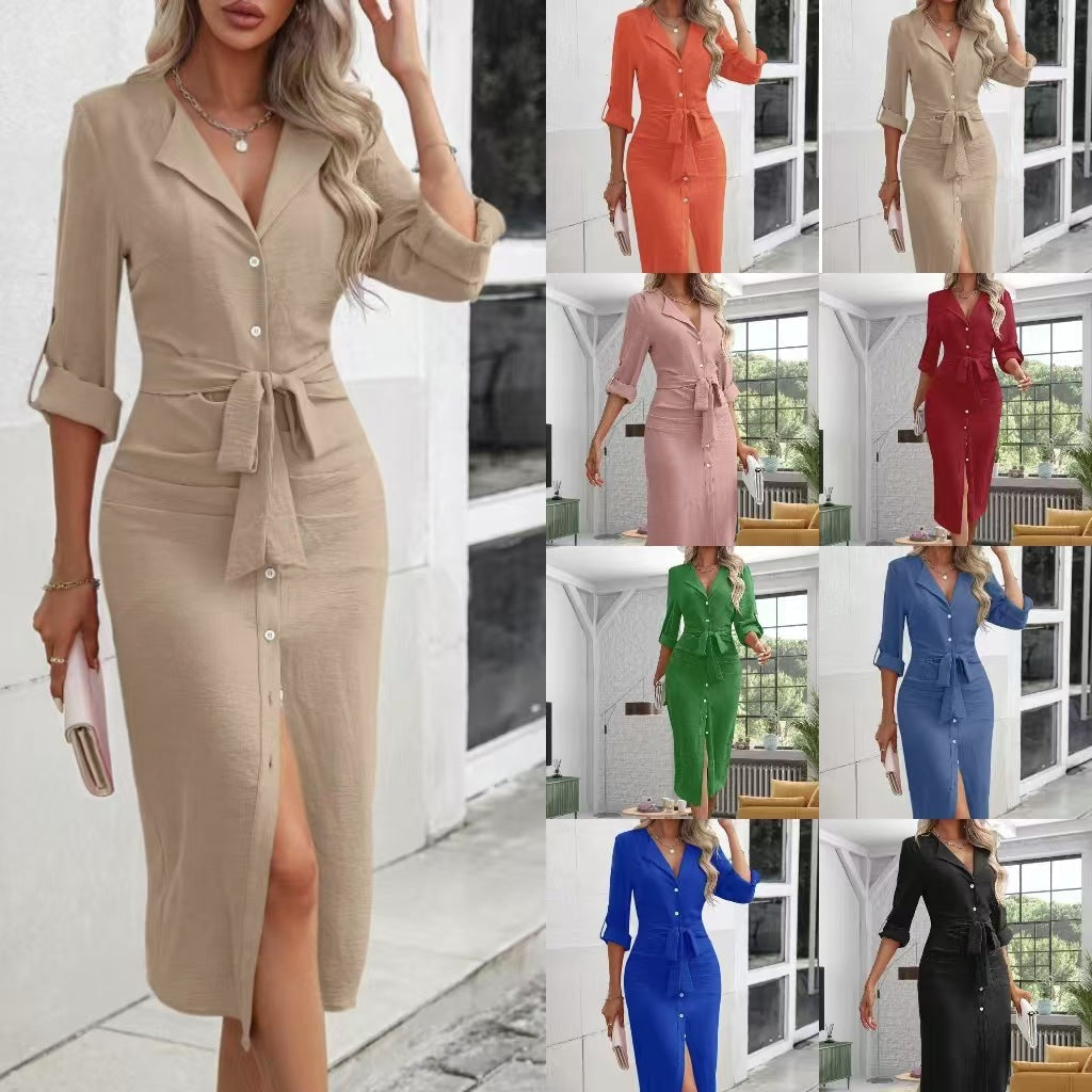 Damen knielanges Hemdblusenkleid mit Gürtel und modernem Revers WW