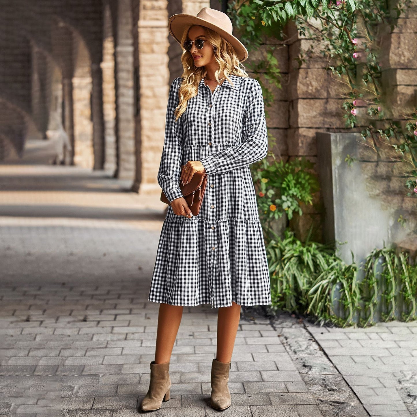 Damen karierte Midi-Bluse mit Knopfleiste und ausgestelltem Rock WW