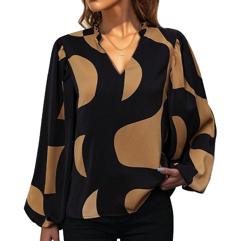 Ladies' blouse with fashionable V-neck and unique pattern WW