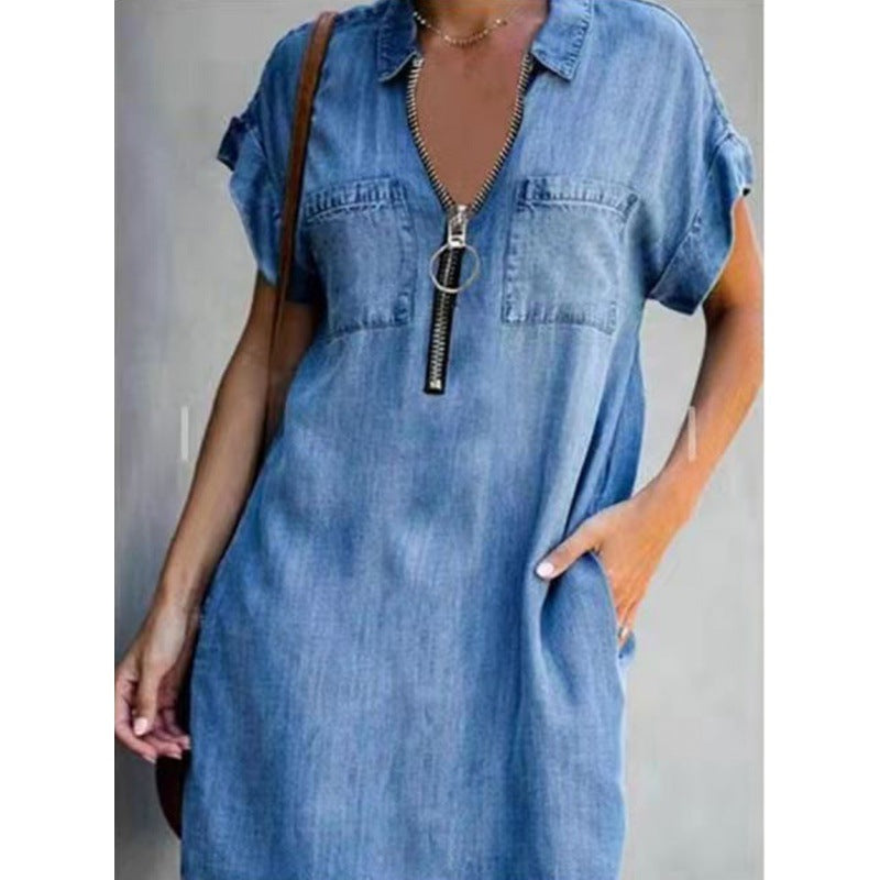 Damen Jeanskleid mit modernem Reißverschluss und praktischen Taschen WW
