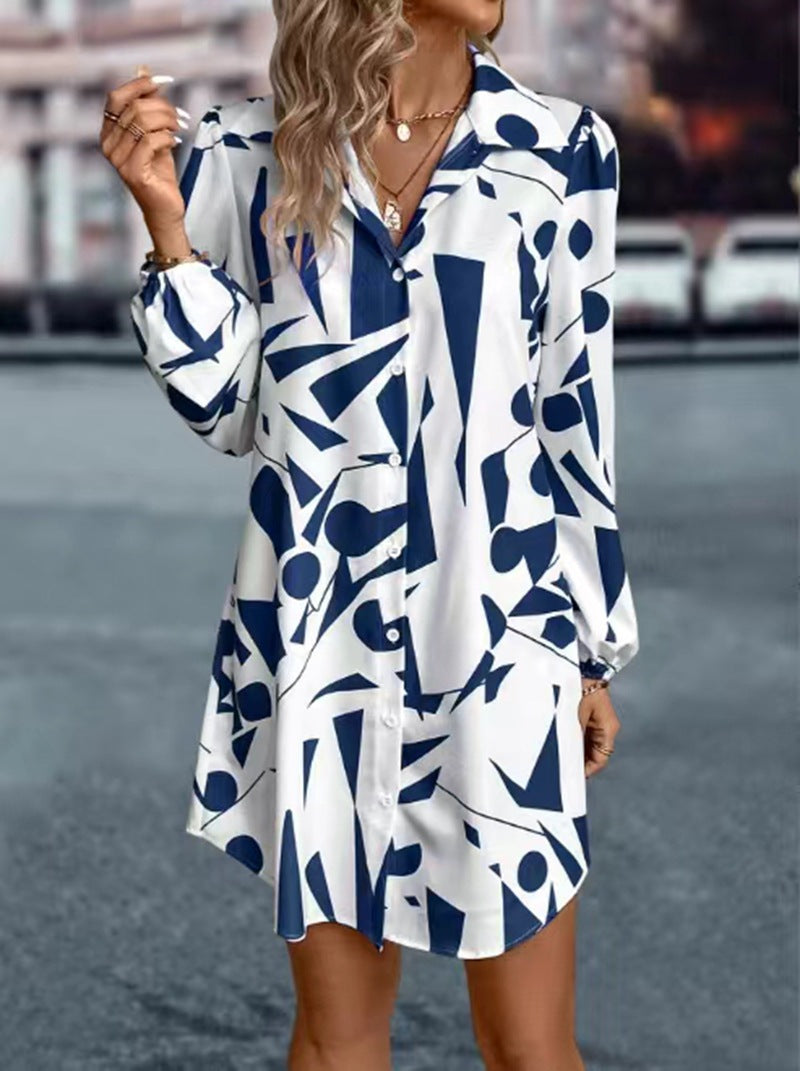 Damen Hemdblusen-Kleid mit modernem geometrischem Druck und praktischen Knopfdetails WW