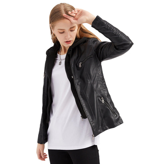 WW | Hood Slim Fit Faux Leather Detachable Hood Zipper Pockets