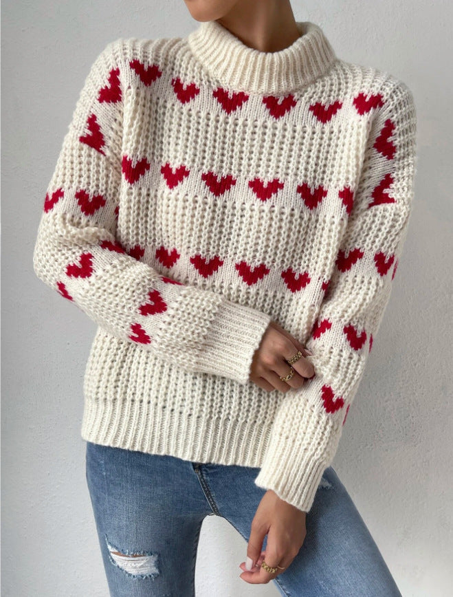Women's Half Mock-Neck Loose Fit Love Heart Jacquard Knit Sweater