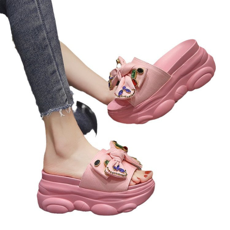 Damen Plattform-Pantoletten mit dekorativem Schleifen- und Strassdesign W&W