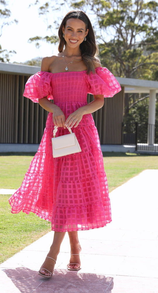 WW | Damenkleid mit Einem Hals Lanternenärmel Lagennähte Kleid