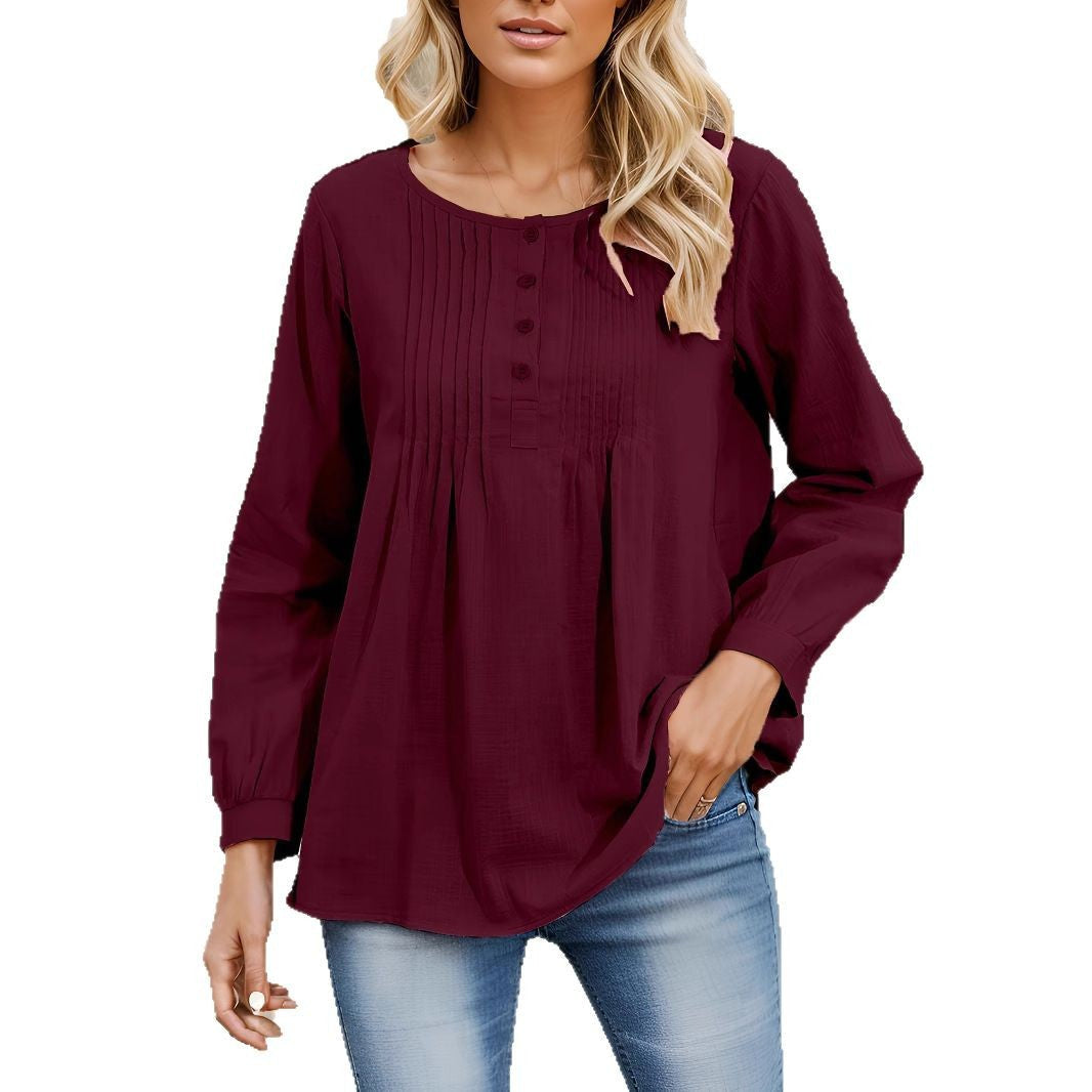 Women's Blouse with Pleats and Button Placket WW
