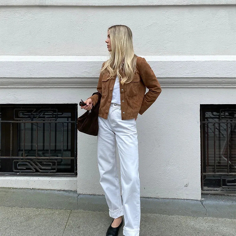 Ladies' classic suede jacket with patch pockets and sporty cut W&W