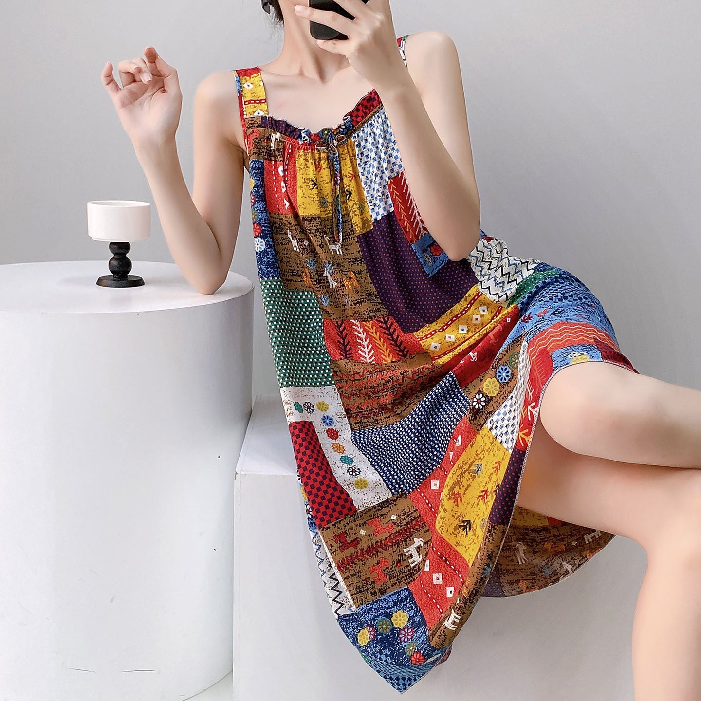 WW | Boho Patchwork-Ärmelloses Swing-Kleid