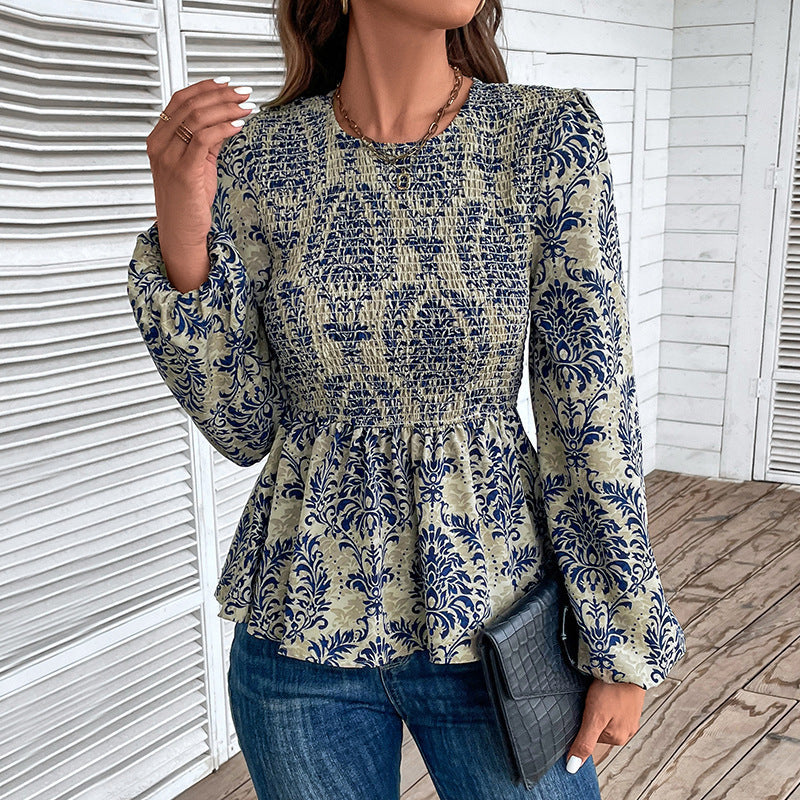 Damen Bluse mit eleganter Rüschennähten und floralem Muster WW