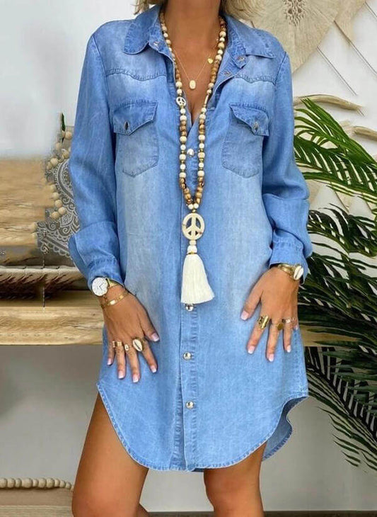 WW | Loose-fitting, Long-sleeved, Solid Denim Shirt Dress