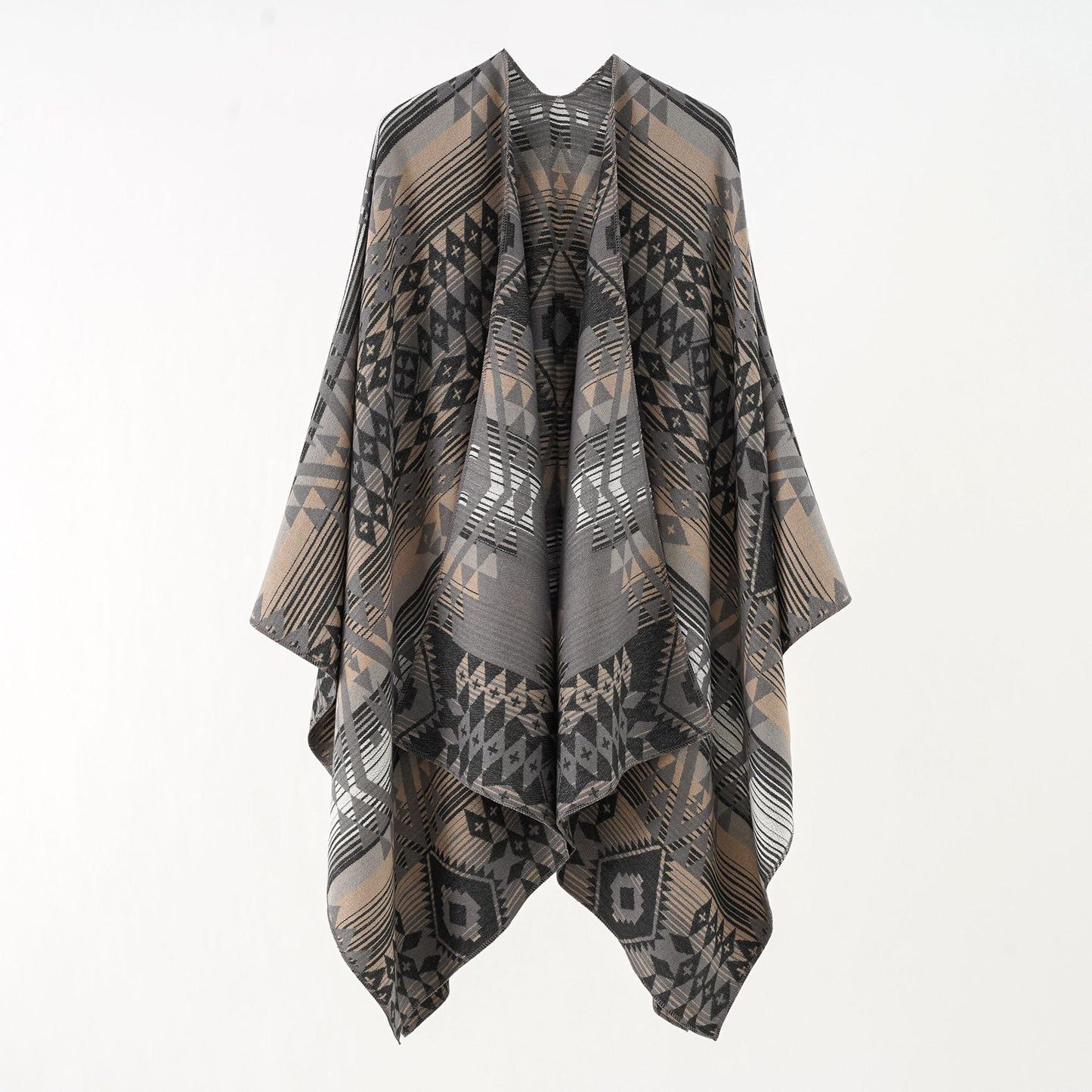 Women's Geometric Overlay Poncho with Warm Material and Trendy Pattern WW