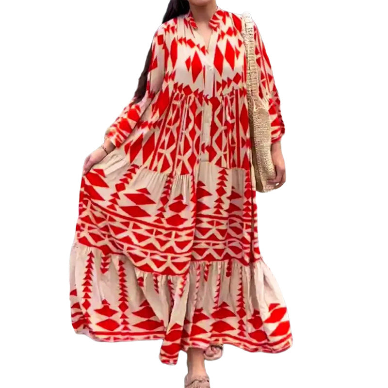 Damen Maxikleid mit geometrischem Muster und fließendem Schnitt WW