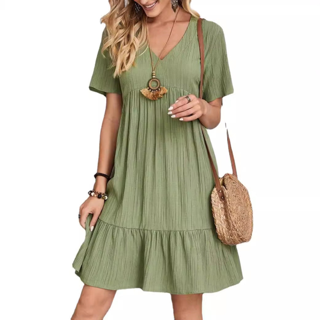 Damen lässiges Freizeitkleid mit voluminösem Saum und V-Ausschnitt WW