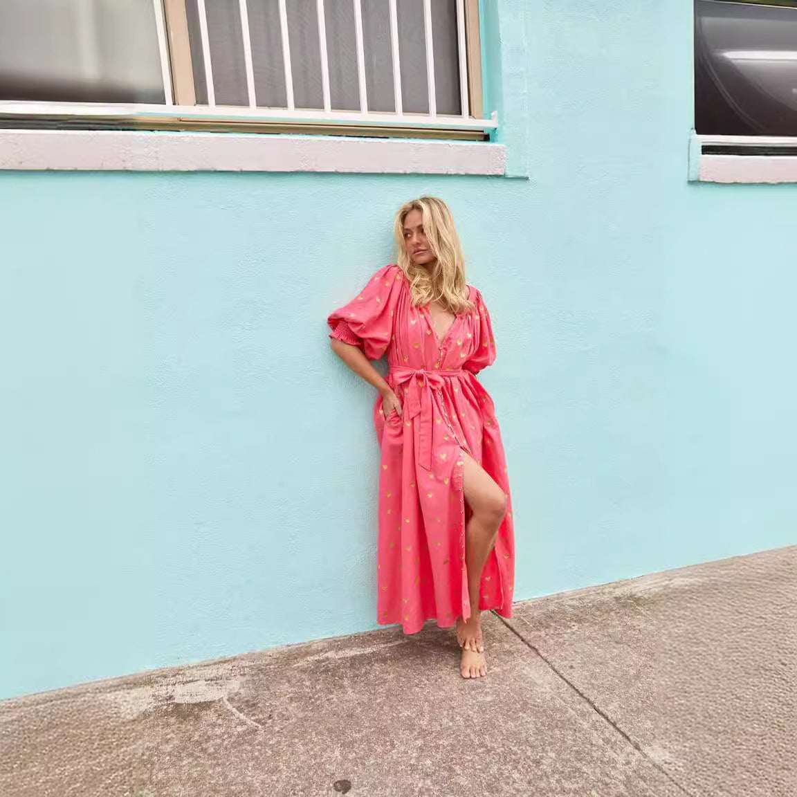 Damen Sommerkleid mit Puffärmeln und goldenen Details WW