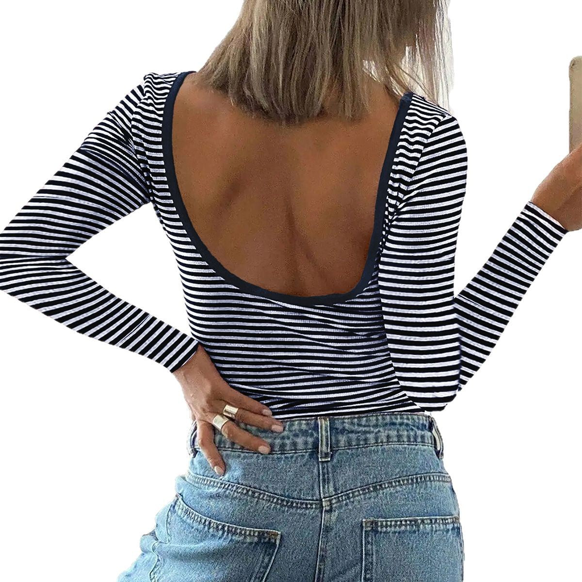 Damen Langarm-Body mit tiefem Rückenausschnitt und gestreiftem Design WW