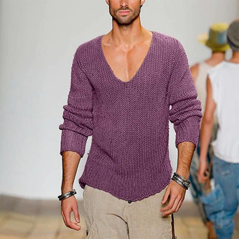 Men's casual knitted sweater with deep V-neck and comfortable fit