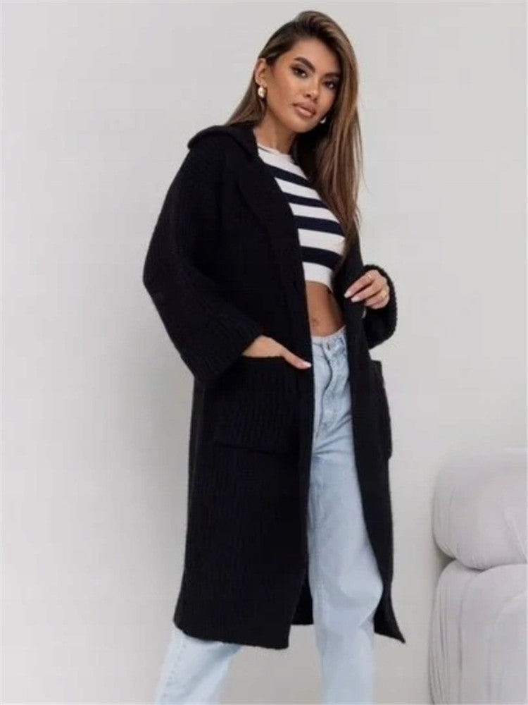 WW | Long Knit Coat Oversized Fit with Hood and Pocket Details