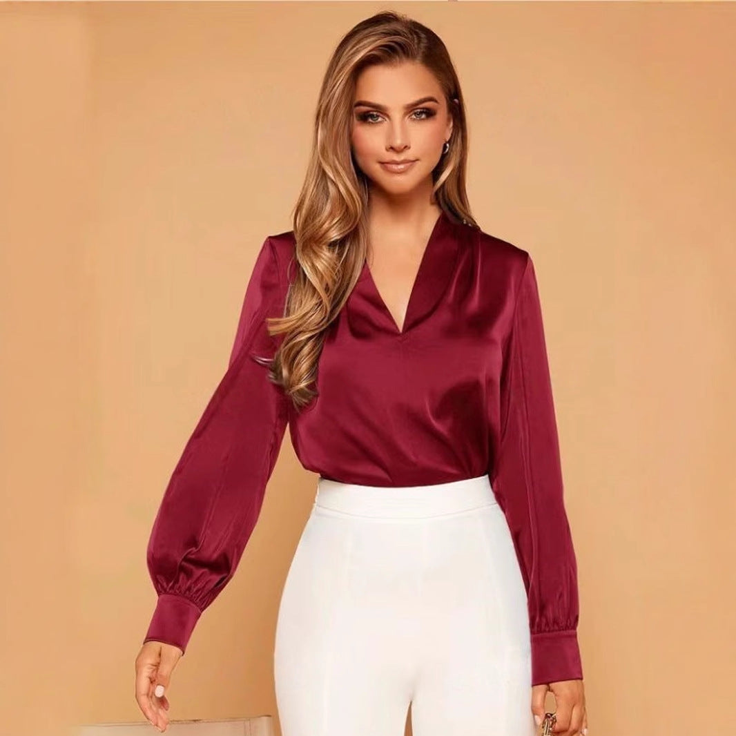 WW | V-Neck Long Sleeve Satin Blouse