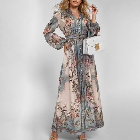 Women's Elegant Maxi Dress with Artistic Floral Design and Waisted Belt WW
