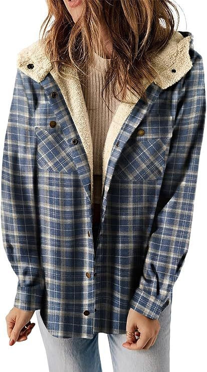 WW | Women's Wool Jacket – Relaxed Fit – Fluffy Lined Hood – Plaid – Button Closure Layers